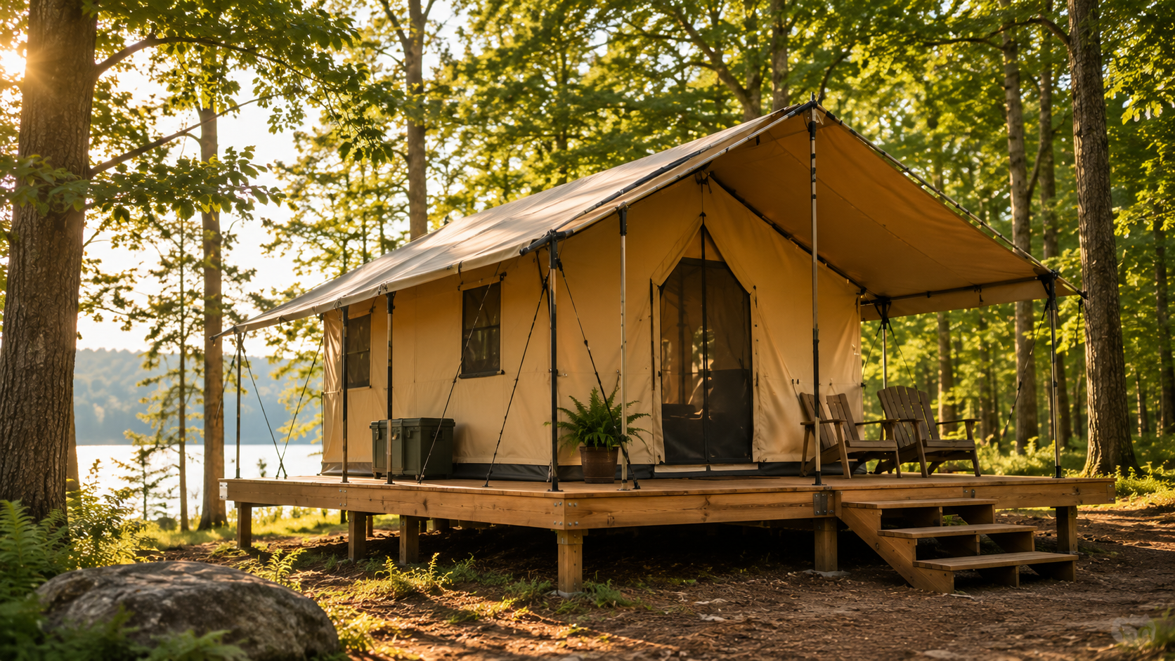 Canvas tent at a forest campsite